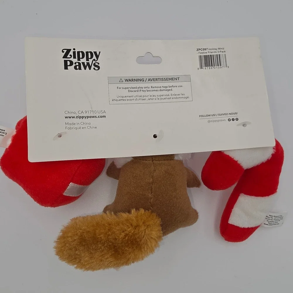 ZippyPaws Holiday Miniz 3-Pack Festive Friends Squeaky Plush Dog Toys ZPC097 NWT